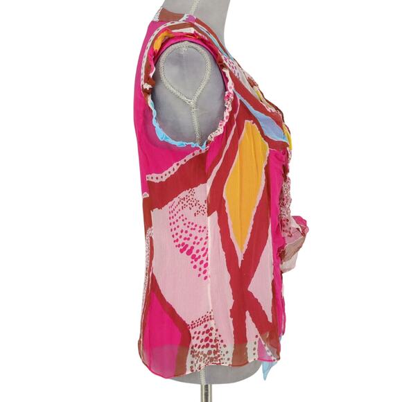 Diane Von Furstenberg Top Womens 10 Pink Yellow Silk Blouse Chiffon Ruffle Front - Picture 6 of 16